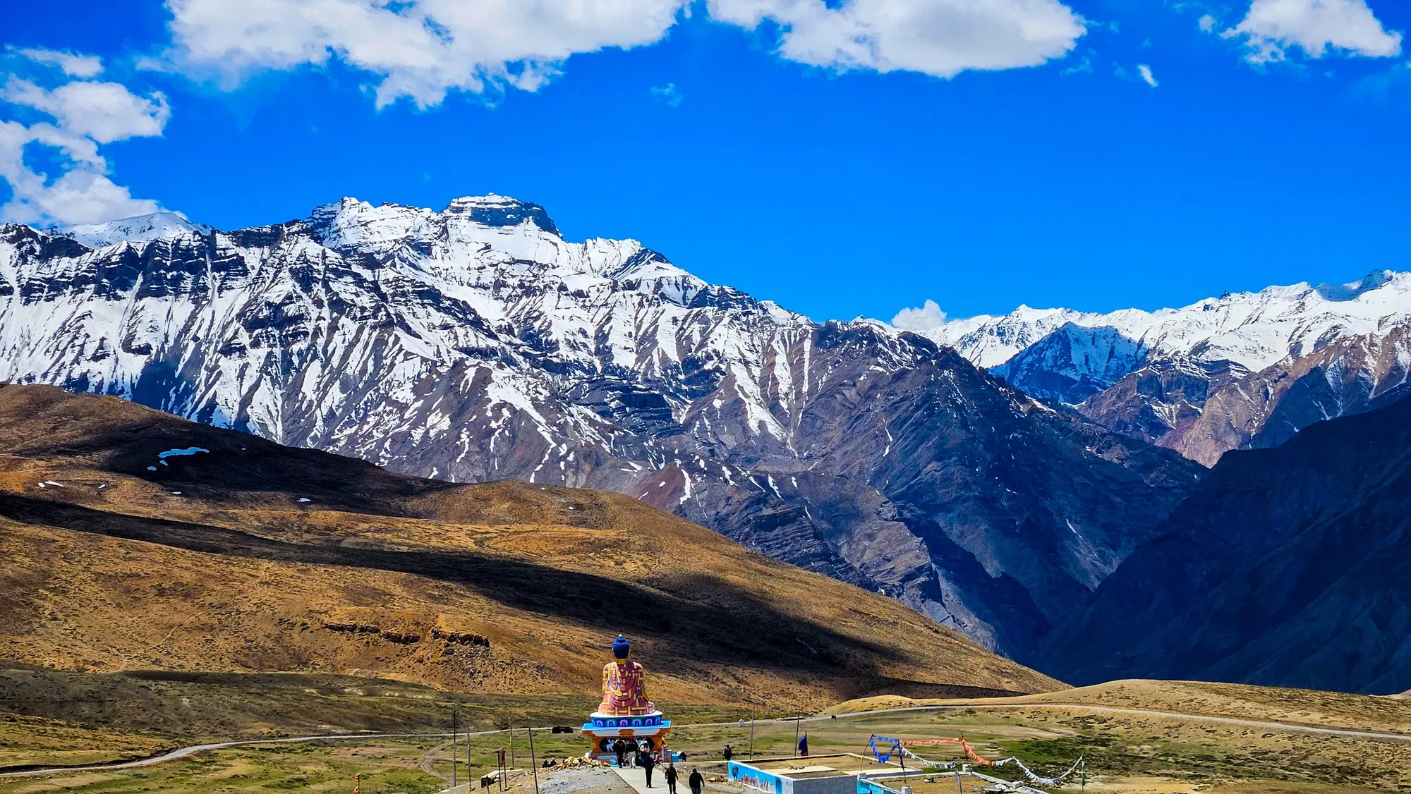 Buddha statue at Langza below snow covered Spiti peaks